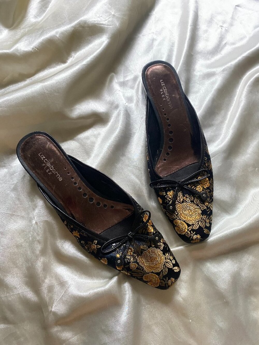 Vintage 1990s Embroidered Black Gold Satin Floral Mules Size 6 Boho